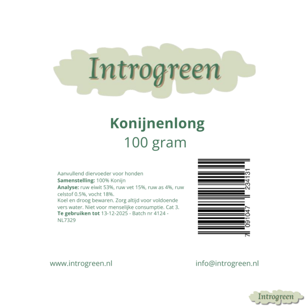 Ingrediëntenlabel Konijnenlong hondensnack 100 gram