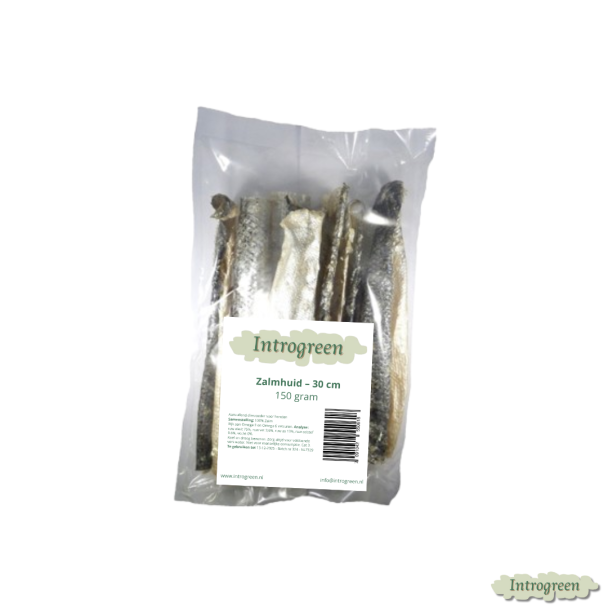 Zalmhuid in verpakking – vissnack voor honden 30 cm