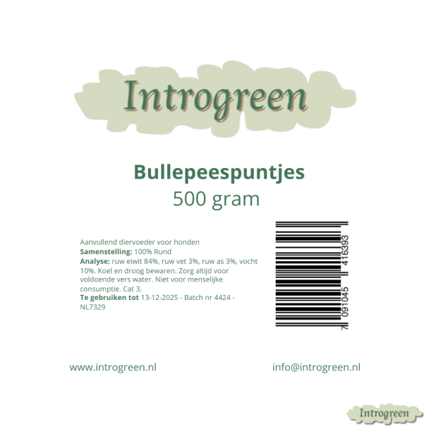 Ingrediëntenlabel Bullepeespuntjes hondensnack 500 gram