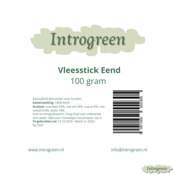 Eiwit- en vetrijke Vleesstick Eend voor actieve honden